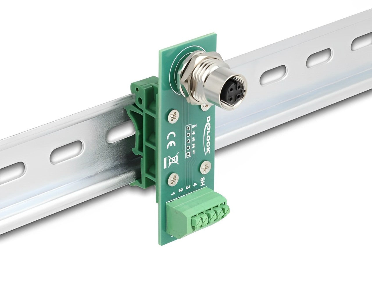 Delock M12 Transfer Module Adapter 4 pin A-coded female to 5 pin terminal block for DIN rail - delock.israel