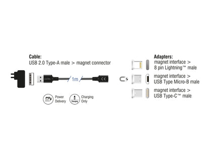 Delock Magnetic USB Charging Cable Set for 8 Pin Lightning™ / Micro USB / USB Type-C™ black 1 m - delock.israel