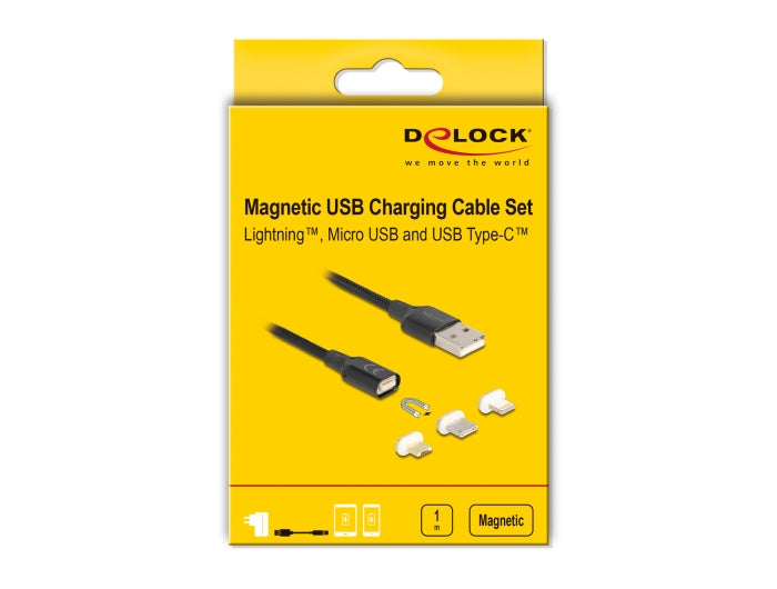 Delock Magnetic USB Charging Cable Set for 8 Pin Lightning™ / Micro USB / USB Type-C™ black 1 m - delock.israel