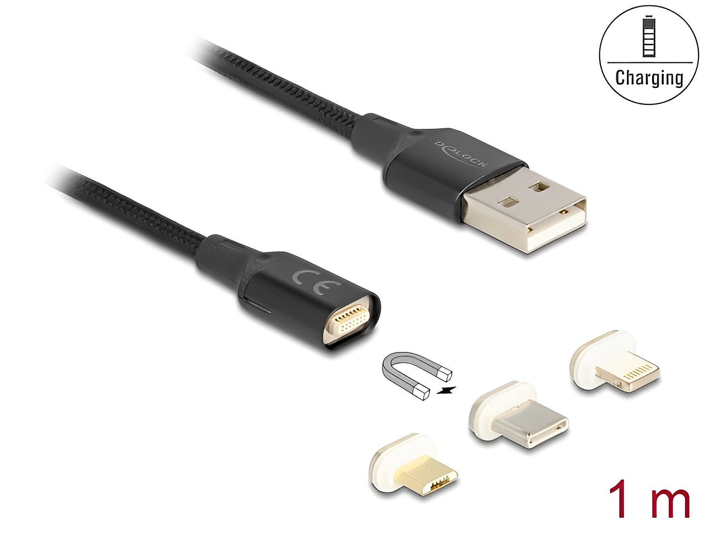 Delock Magnetic USB Charging Cable Set for 8 Pin Lightning™ / Micro USB / USB Type-C™ black 1 m - delock.israel