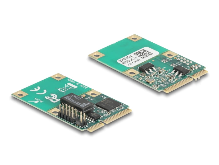 כרטיס ה-Mini PCIe מבית Delock גרמניה מציע יציאת רשת RJ45 אחד עם קצב העברת נתונים של עד 1Gbps באמצעות כבלי נחושת סטנדרטיים מסוג Cat.6
