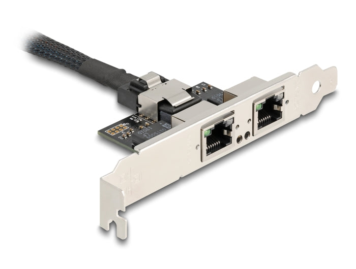 כרטיס ה-Mini PCIe מבית Delock גרמניה מציע שני יציאות רשת RJ45 עם קצב העברת נתונים של עד 1Gbps באמצעות כבלי נחושת סטנדרטיים מסוג Cat.6