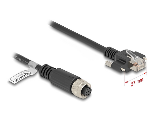 Delock M12 Cable A-coded 8 pin female to RJ45 plug with screws Cat.5e FTP black - delock.israel