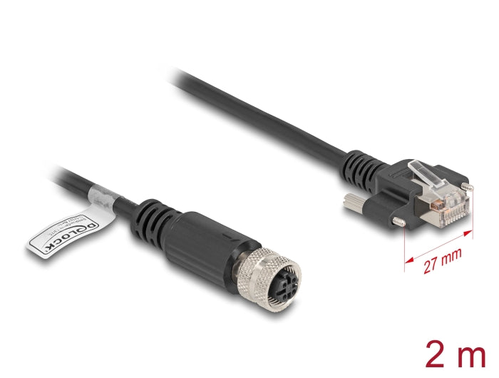 Delock M12 Cable D-coded 4 pin female to RJ45 plug with screws Cat.5e FTP 2 m black - delock.israel