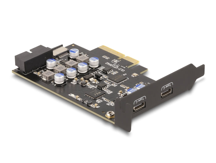 Delock PCI Express x4 Card to 2 x external USB Type-C™ + 1 x internal USB 10 Gbps Type-E Key A and 1 x 19 pin USB pin header male - Low Profile Form Factor - delock.israel