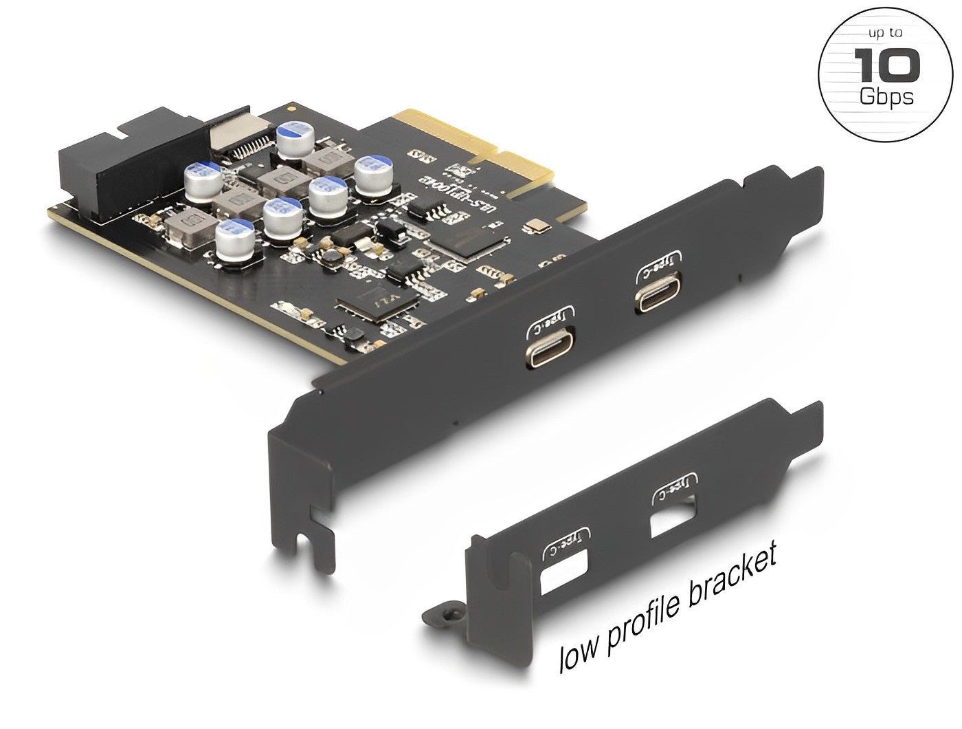 Delock PCI Express x4 Card to 2 x external USB Type-C™ + 1 x internal USB 10 Gbps Type-E Key A and 1 x 19 pin USB pin header male - Low Profile Form Factor - delock.israel