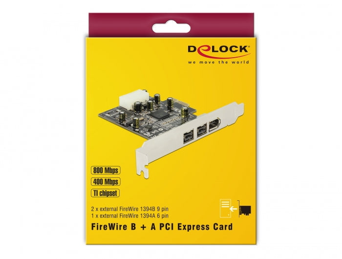 כרטיס PCIe x1 FireWire 1394B עם 2 יציאות 9 פין + יציאת 6 פין צ'יפ Texas Instruments - delock.israel