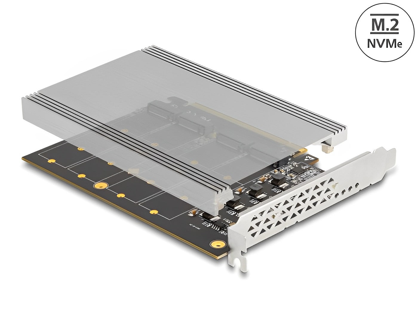 Delock PCI Express x16 Card to 4 x internal NVMe M.2 Key M with heat sink - Bifurcation (LxW: 145 x 111 mm) - delock.israel