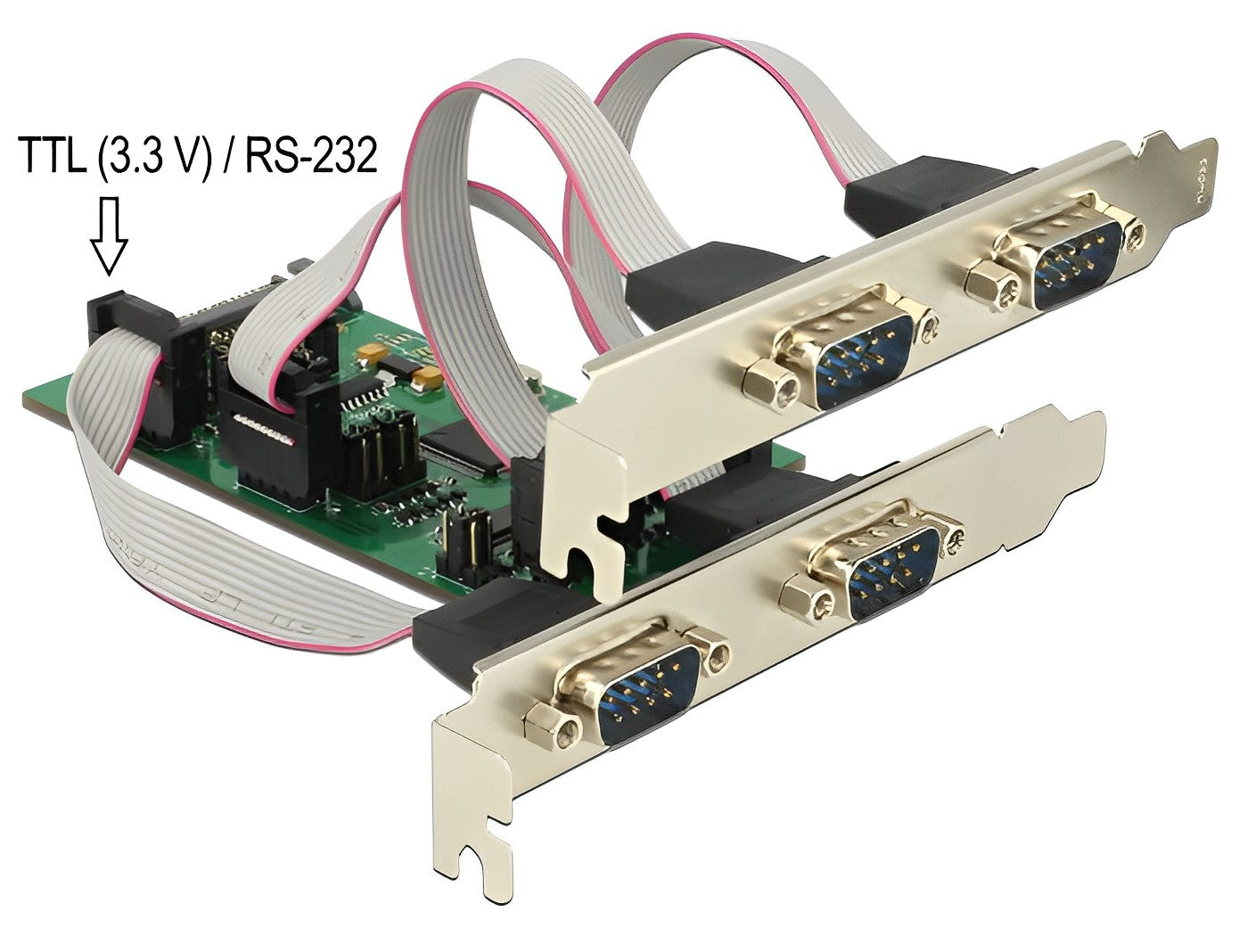 כרטיס PCIe x1 Serial TTL 3.3 V / RS-232 Low profile עם 4 יציאות DB9 צ'יפ WCH - delock.israel