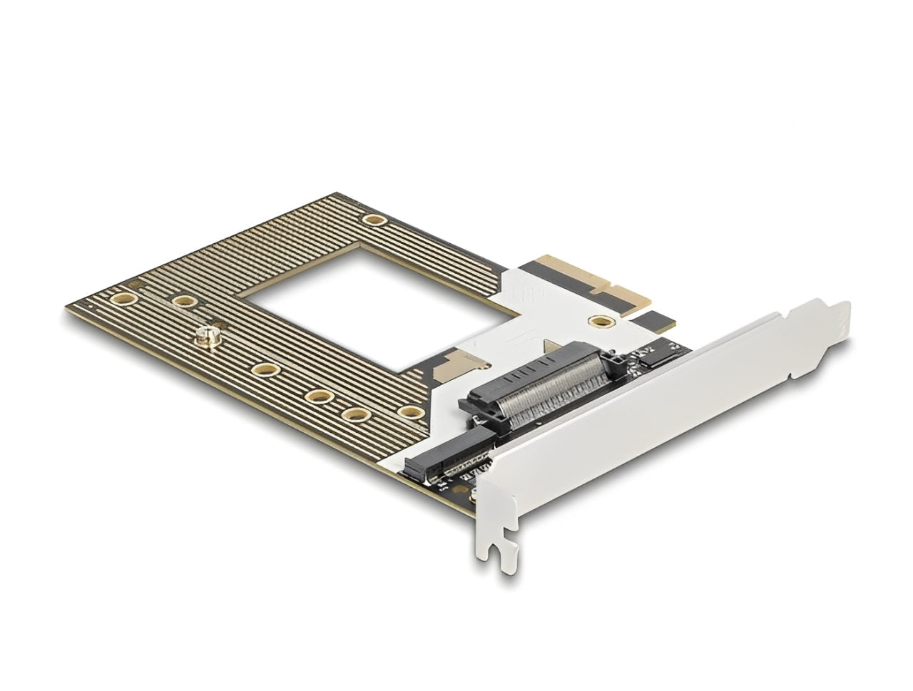 כרטיס PCI Express x4 מבית Delock גרמניה מאפשר חיבור כונן SSD מסוג NVMe בפורמט M.2 (עד 110 מ״מ) או כונן U.2 בפורמט 2.5 אינץ' למחשב דרך ממשק PCI Express 4.0 x4