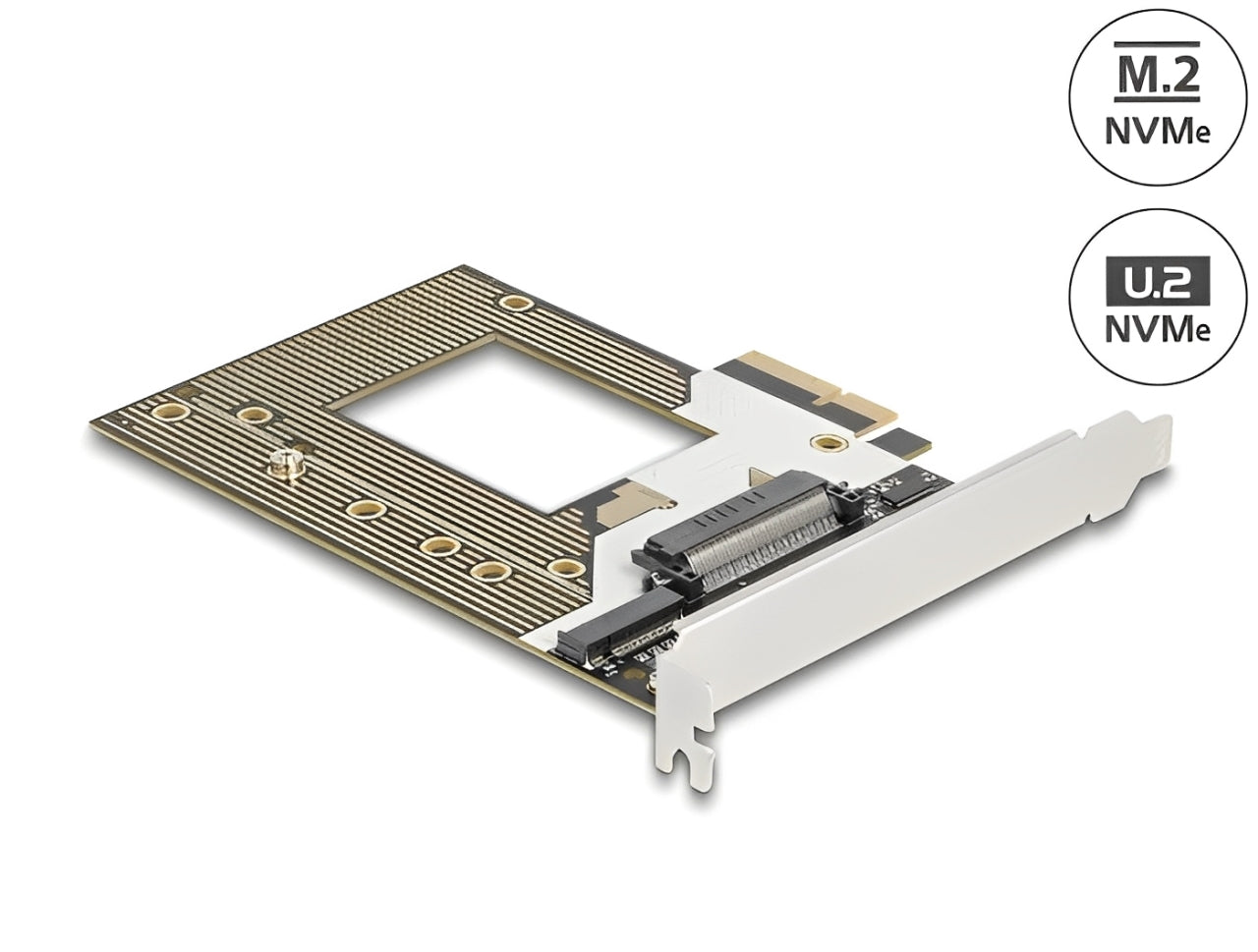 כרטיס PCI Express x4 מבית Delock גרמניה מאפשר חיבור כונן SSD מסוג NVMe בפורמט M.2 (עד 110 מ״מ) או כונן U.2 בפורמט 2.5 אינץ' למחשב דרך ממשק PCI Express 4.0 x4