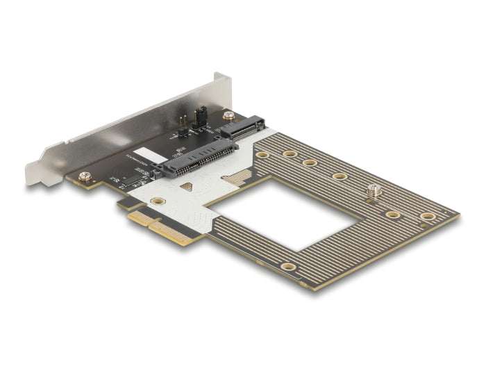 כרטיס PCI Express x4 מבית Delock גרמניה מאפשר חיבור כונן SSD מסוג NVMe בפורמט M.2 (עד 110 מ״מ) או כונן U.2 בפורמט 2.5 אינץ' למחשב דרך ממשק PCI Express 4.0 x4