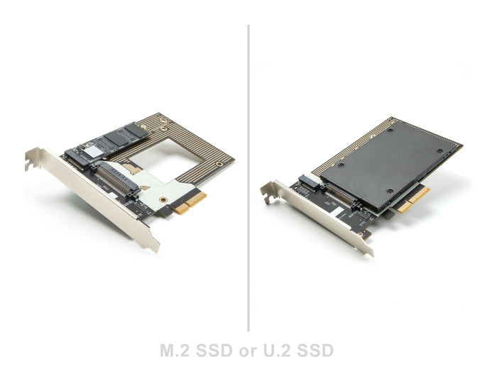כרטיס PCI Express x4 מבית Delock גרמניה מאפשר חיבור כונן SSD מסוג NVMe בפורמט M.2 (עד 110 מ״מ) או כונן U.2 בפורמט 2.5 אינץ' למחשב דרך ממשק PCI Express 4.0 x4