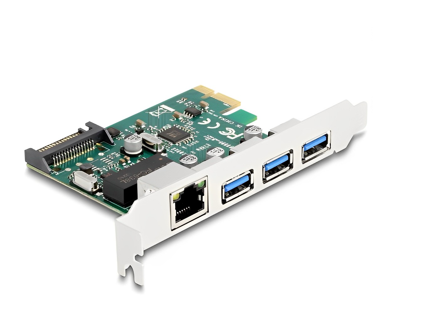 כרטיס PCIe x1 USB 5Gbps  עם 3 יציאות USB-A + יציאת רשת RJ45 - delock.israel