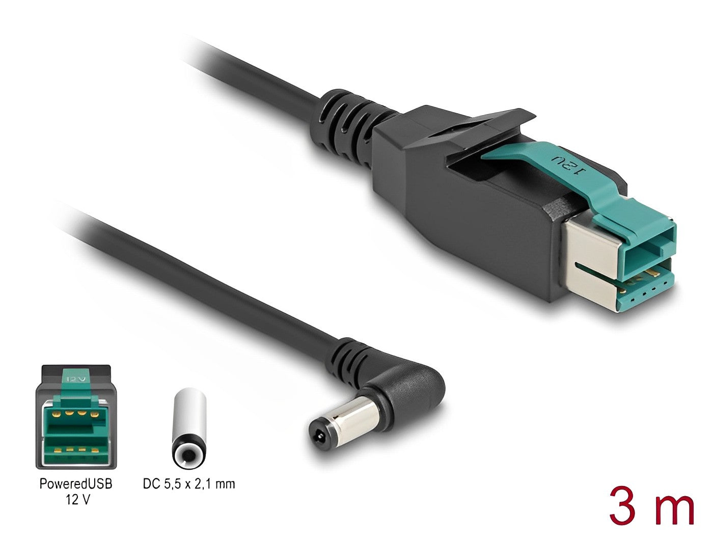 כבל USB עבור מדפסות קופה ומסופים תקע PoweredUSB 12V לתקע DC 5.5x2.1 בזווית 90° - delock.israel