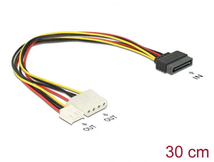 כבל מפצל חשמל תקע SATA 15 pin לשקע מולקס 4 פין + שקע floppy - delock.israel
