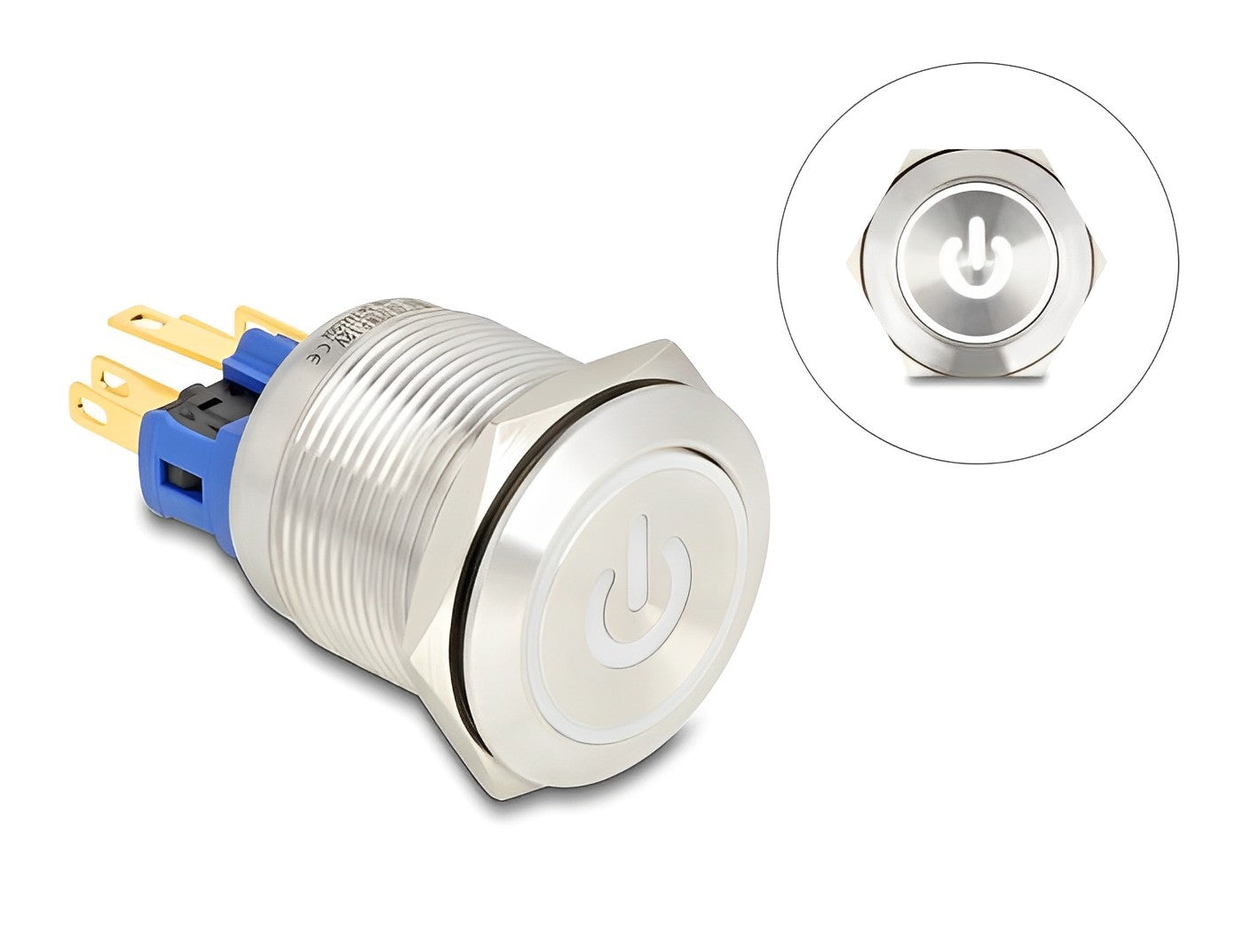 Delock Push Switch for Installation 22 mm 6 x solder connection LED white power symbol + ring - delock.israel