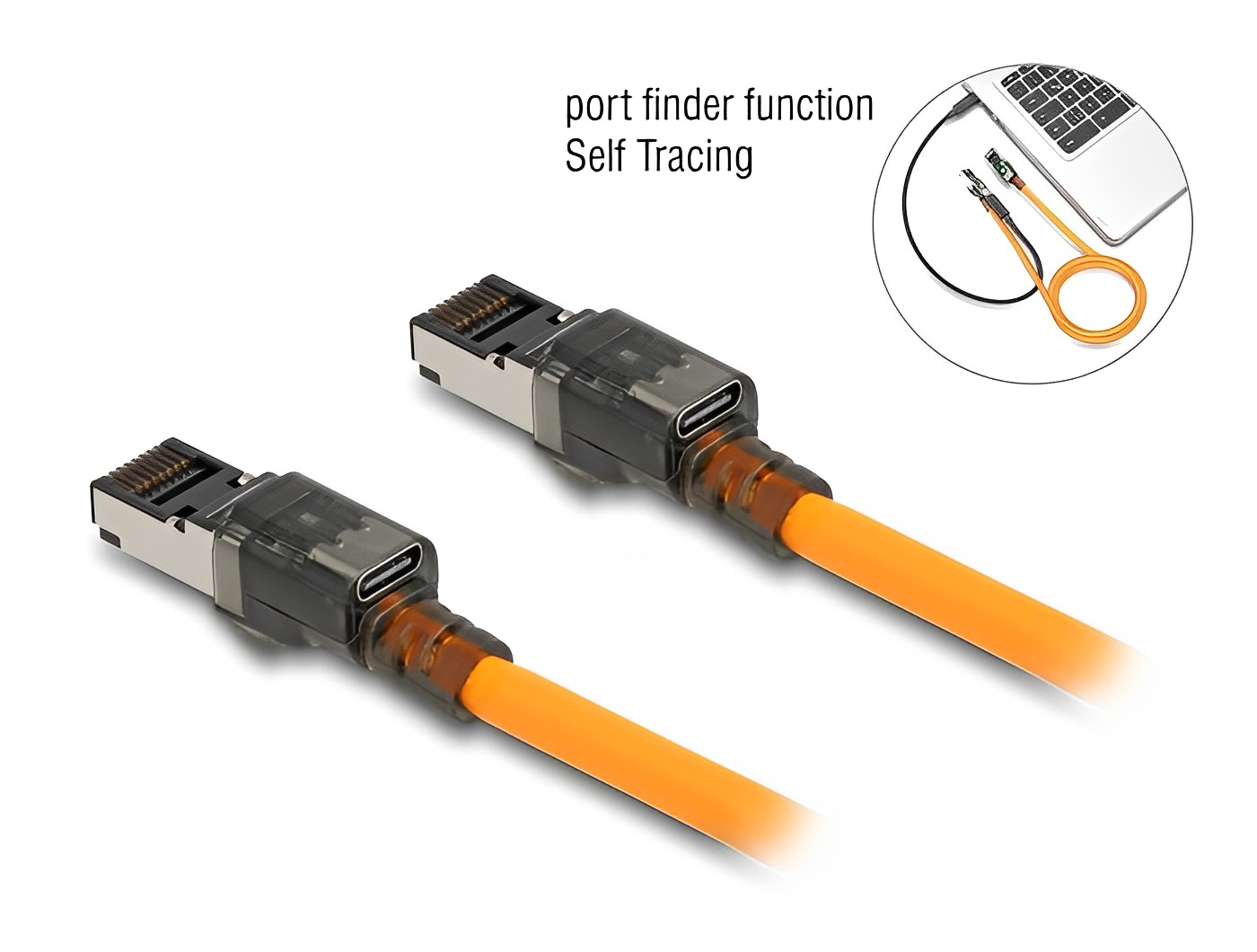 כבל רשת מסוכך RJ45 Cat.6A S/FTP ז/ז עם פונקציית זיהוי מיקום הכבל צבע כתום - delock.israel