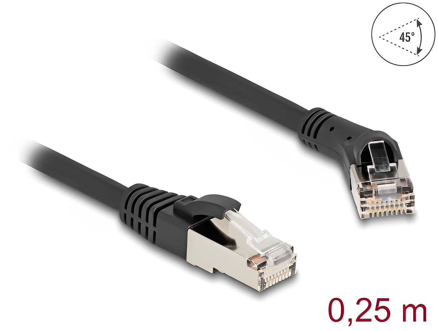 Delock RJ45 Network Cable Cat.6A S/FTP plug 45° right angled to plug straight 0.25 m black - delock.israel