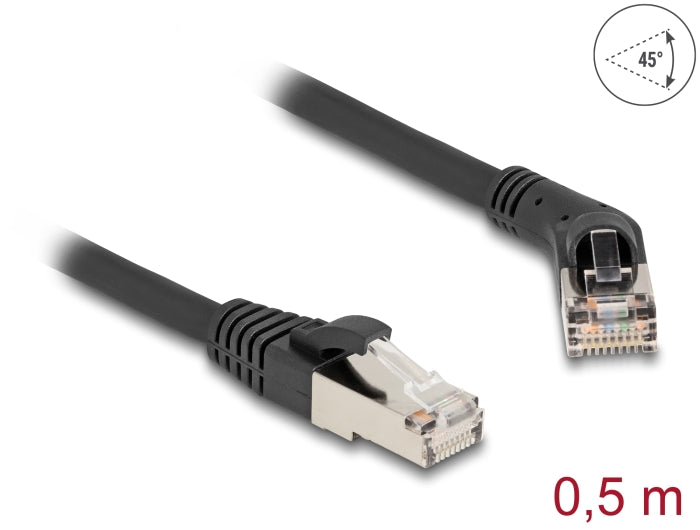 Delock RJ45 Network Cable Cat.6A S/FTP plug 45° right angled to plug straight 0.5 m black - delock.israel