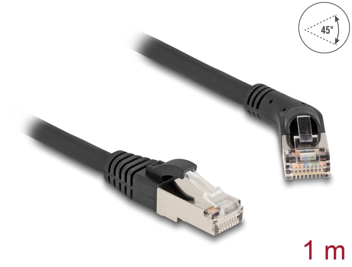 Delock RJ45 Network Cable Cat.6A S/FTP plug 45° right angled to plug straight 1 m black - delock.israel