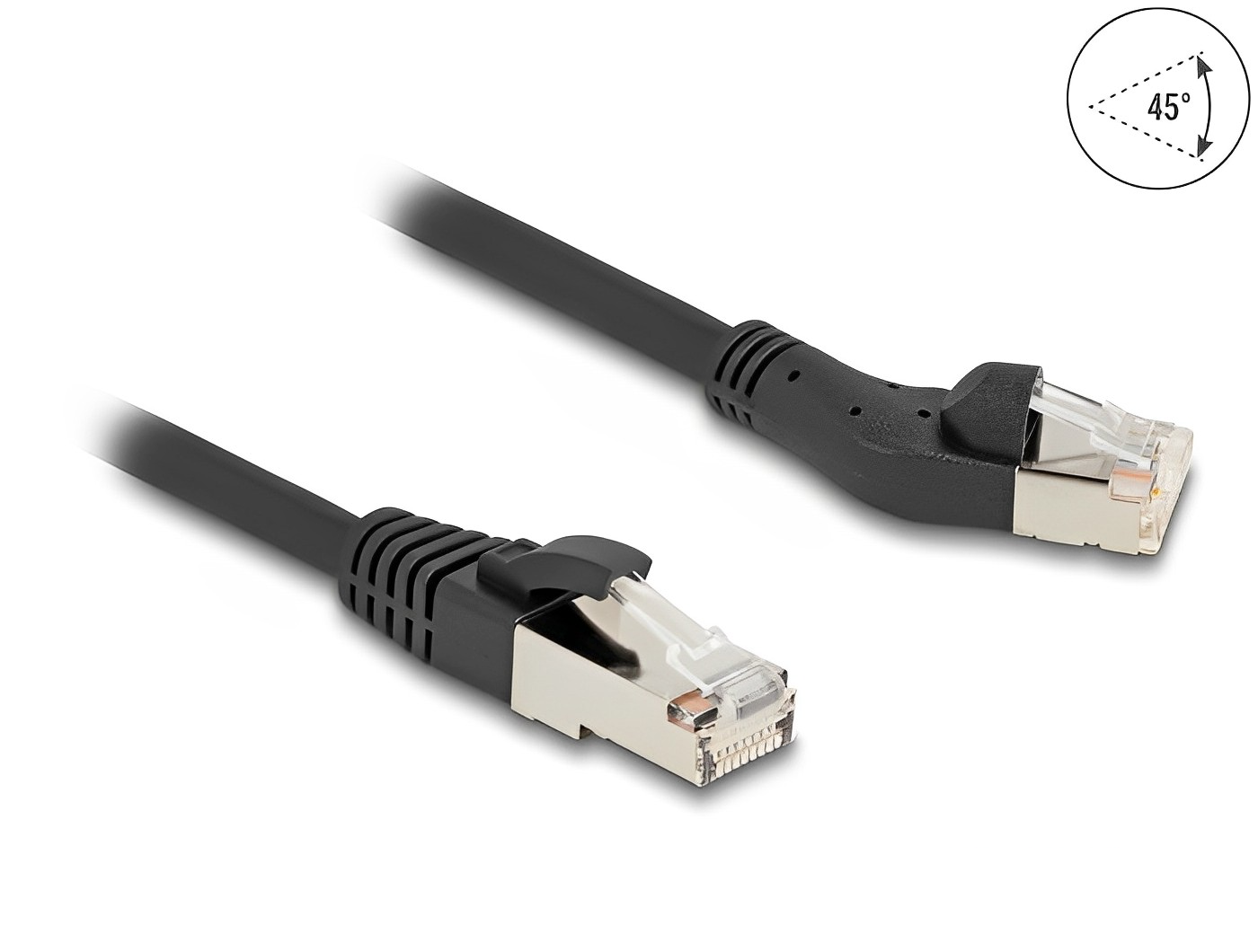 Delock RJ45 Network Cable Cat.6A S/FTP plug 45° left angled to plug straight black - delock.israel