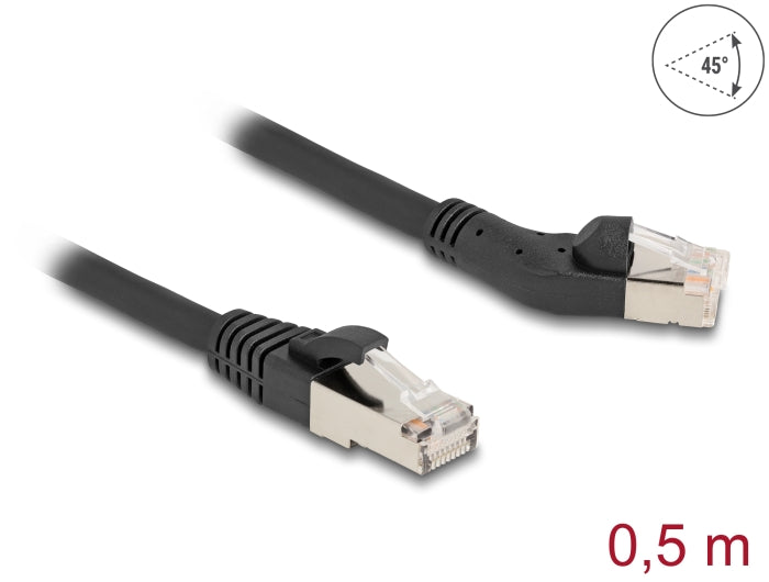 Delock RJ45 Network Cable Cat.6A S/FTP plug 45° left angled to plug straight 0.5 m black - delock.israel