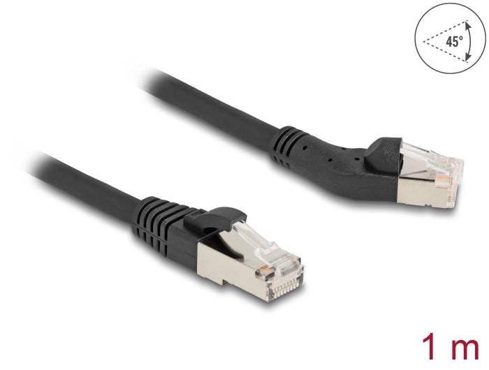 Delock RJ45 Network Cable Cat.6A S/FTP plug 45° left angled to plug straight 1 m black - delock.israel