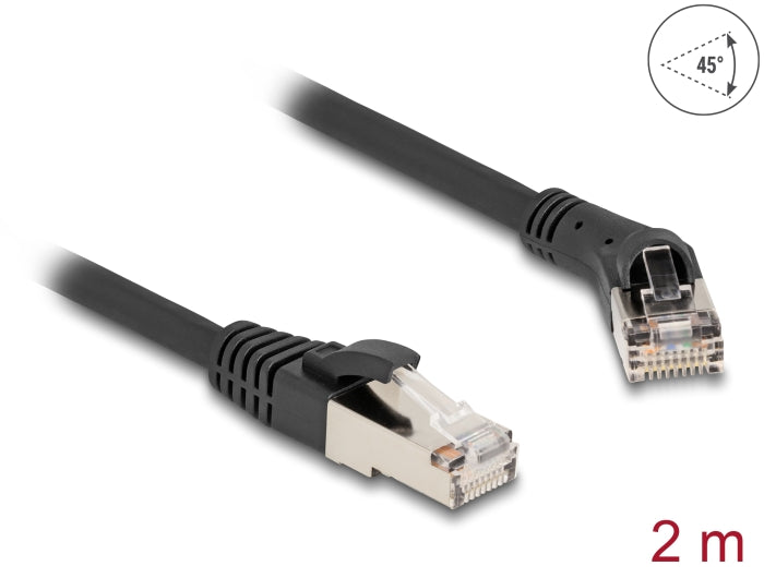 Delock RJ45 Network Cable Cat.8.1 S/FTP plug 45° right angled to plug straight up to 40 Gbps 2 m black - delock.israel