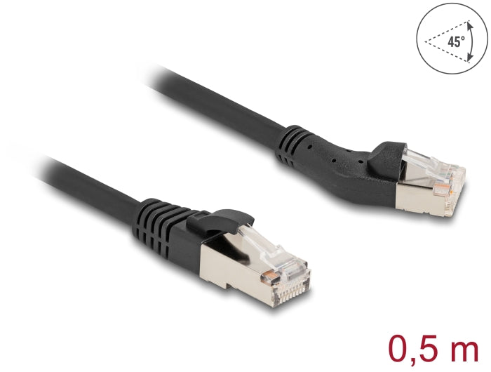 Delock RJ45 Network Cable Cat.8.1 S/FTP plug 45° left angled to plug straight up to 40 Gbps 0.5 m black - delock.israel