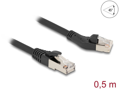 Delock RJ45 Network Cable Cat.8.1 S/FTP plug 45° left angled to plug straight up to 40 Gbps 0.5 m black - delock.israel