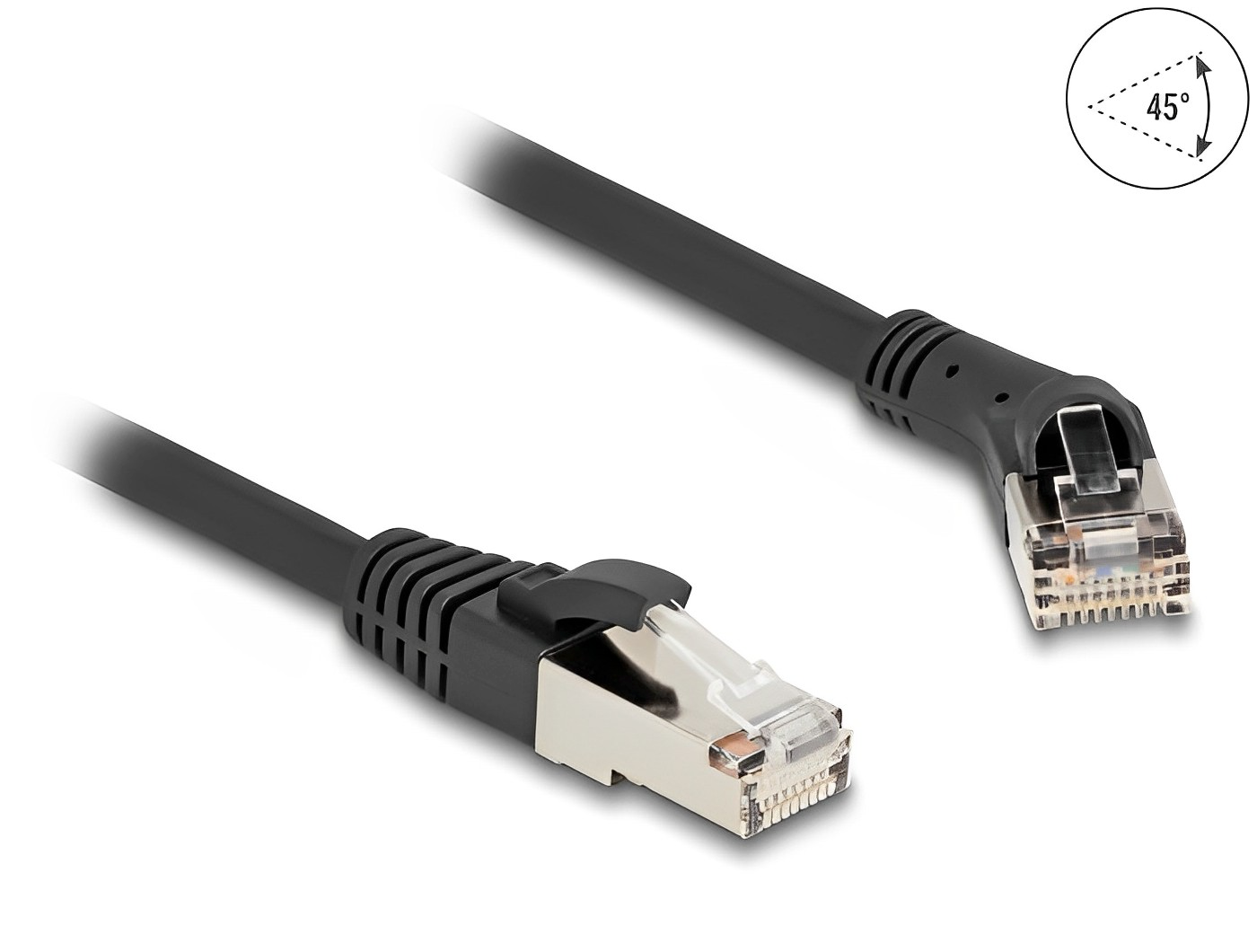 Delock RJ45 Network Cable Cat.6A S/FTP plug 45° right angled to plug straight black - delock.israel