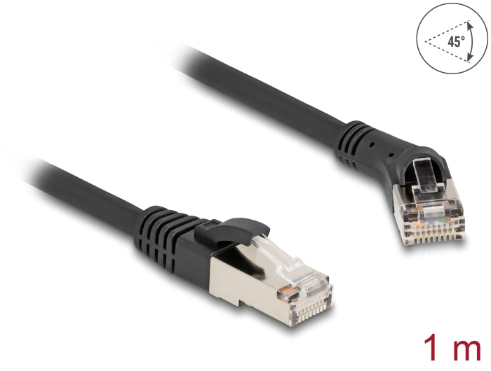 Delock RJ45 Network Cable Cat.8.1 S/FTP plug 45° right angled to plug straight up to 40 Gbps 1 m black - delock.israel