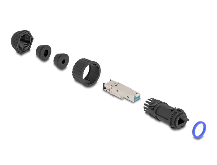 Delock RJ45 plug field-assembly Cat.6A with feed-through coupler suitable for item 67047 and 67048 IP68 dust and waterproof black - delock.israel