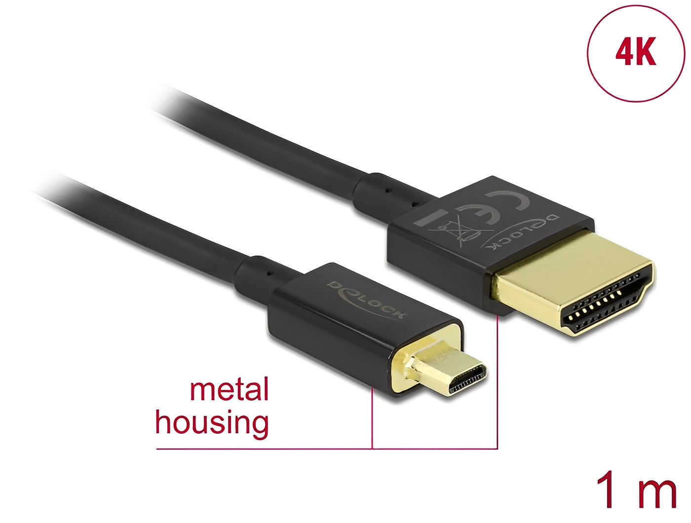 Delock Cable High Speed HDMI with Ethernet - HDMI-A male > HDMI Micro-D male 3D 4K 1 m Slim High Quality - delock.israel
