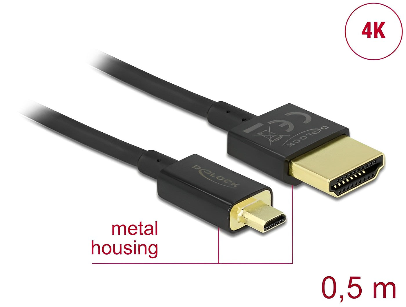 Delock Cable High Speed HDMI with Ethernet - HDMI-A male > HDMI Micro-D male 3D 4K 0.5 m Slim High Quality - delock.israel