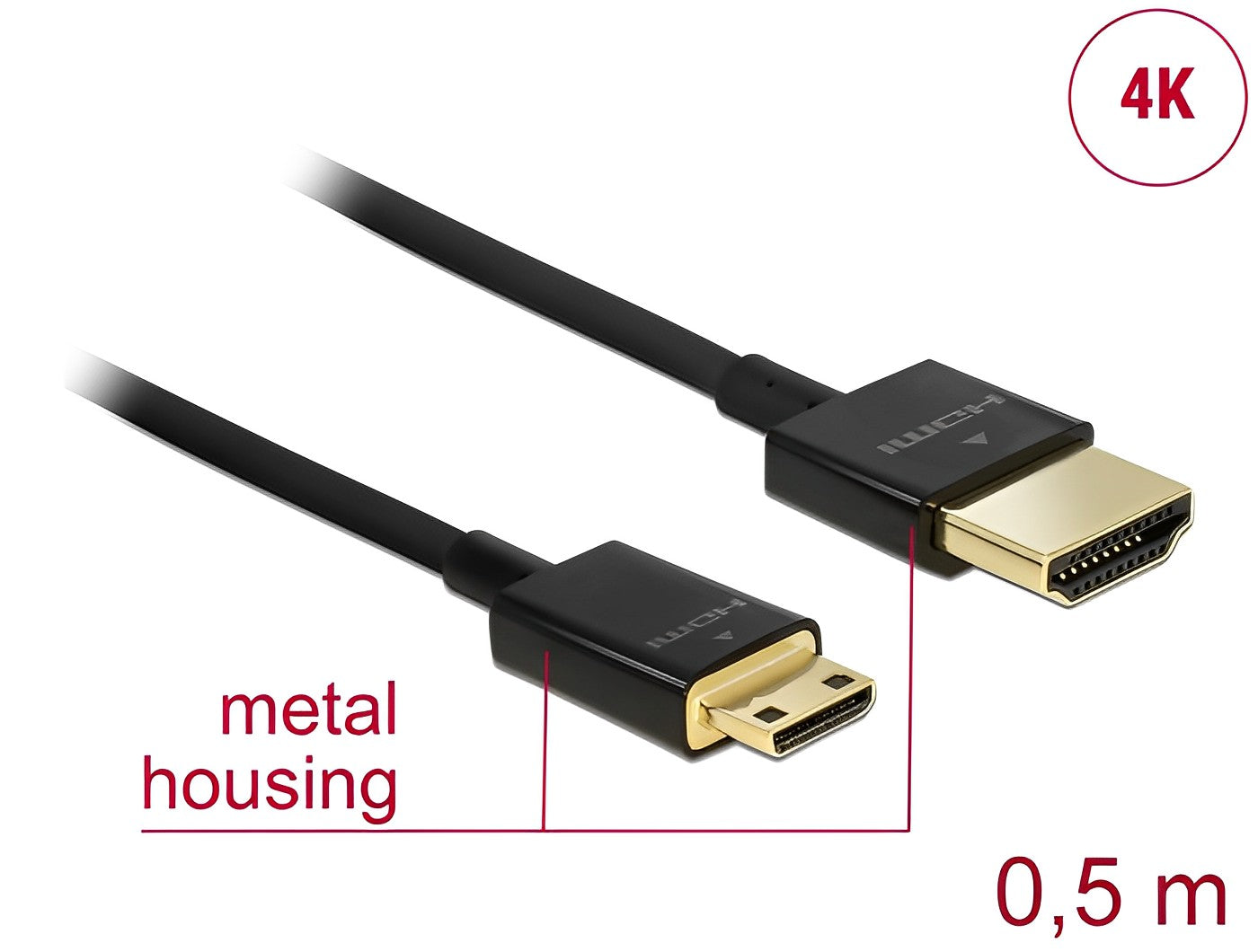 Delock Cable High Speed HDMI with Ethernet - HDMI-A male > HDMI Mini-C male 3D 4K 0.5 m Slim High Quality - delock.israel