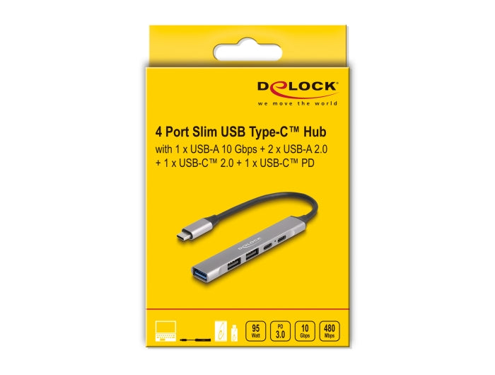 Delock 4 Port Slim USB Type-C™ Hub with 1 x USB 10 Gbps Type-A + 2 x USB 2.0 Type-A + 1 x USB 2.0 USB Type-C™ and PD 95 W - delock.israel