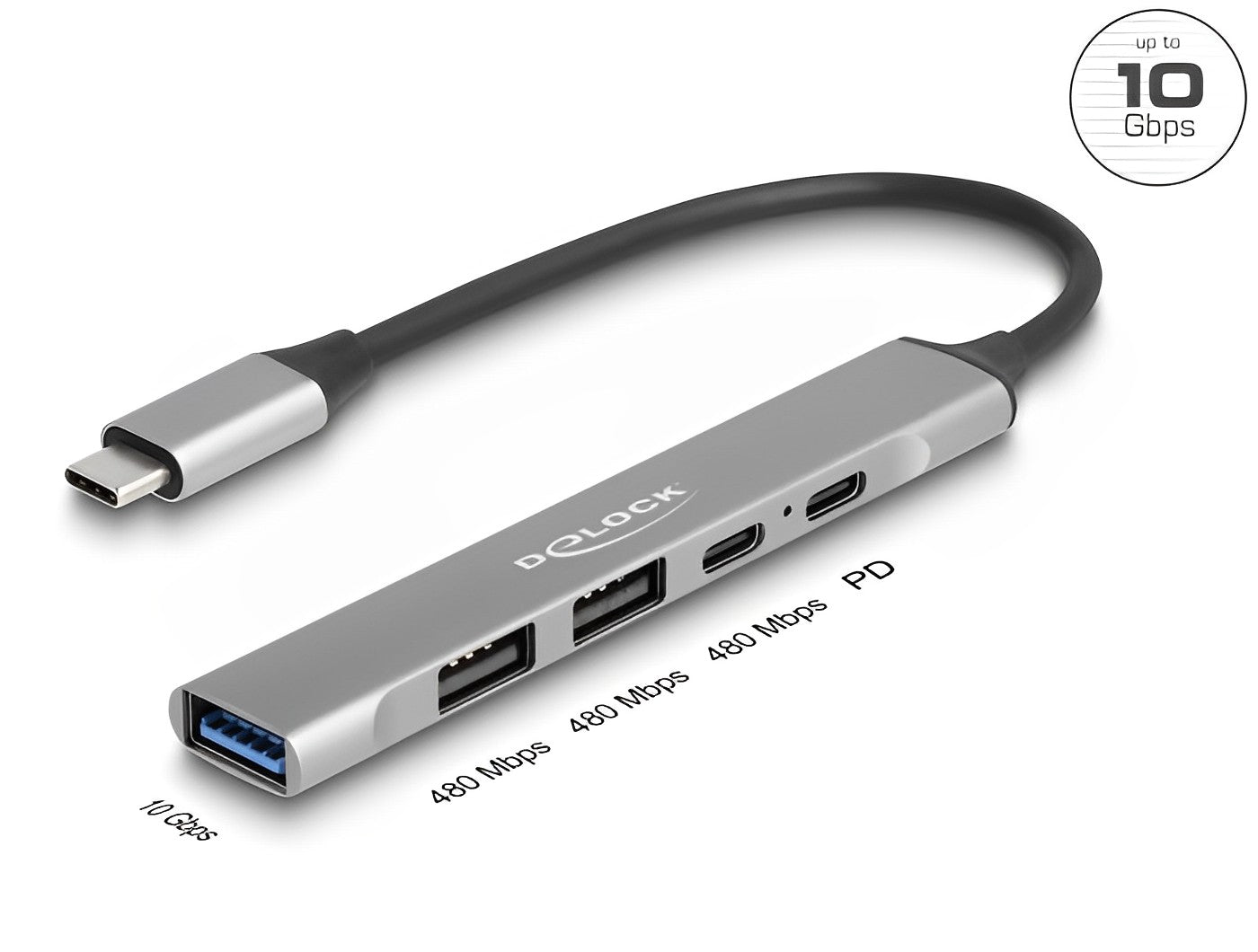 Delock 4 Port Slim USB Type-C™ Hub with 1 x USB 10 Gbps Type-A + 2 x USB 2.0 Type-A + 1 x USB 2.0 USB Type-C™ and PD 95 W - delock.israel