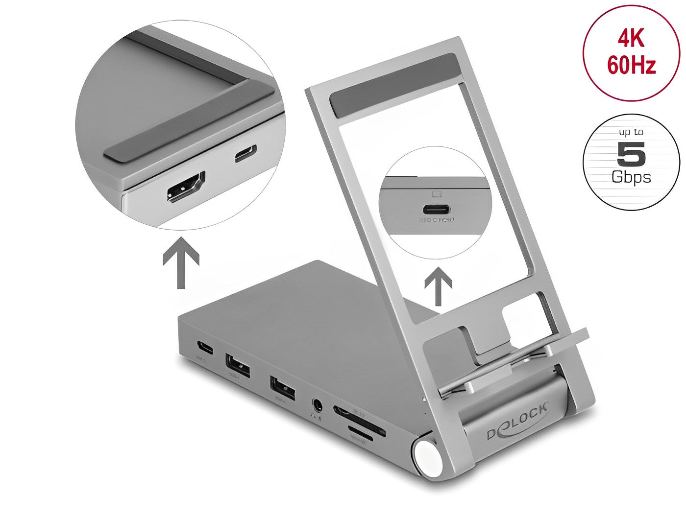 תחנת עגינה USB-C 4K עבור טאבלט או מחשב נייד משולבת עם מעמד מתקפל - delock.israel