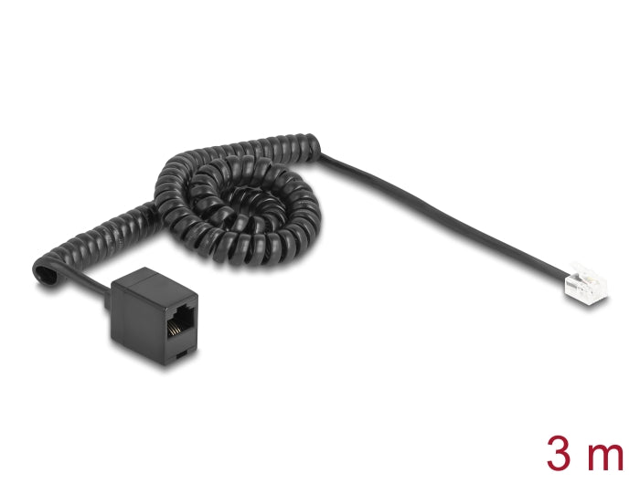 Delock Telephone Cable / Coiled Cable RJ11 plug to RJ45 jack black 3 m - delock.israel