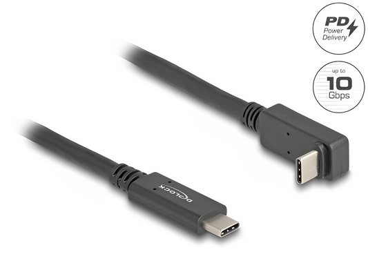 כבל תצוגה ונתונים USB-C 10Gbps 4K HDR ז/ז צד אחד מכופף 90° תומך PD 60W אורך 1 מטר - delock.israel