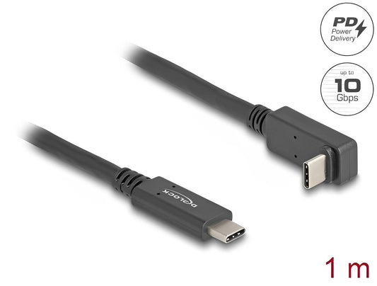 כבל תצוגה ונתונים USB-C 10Gbps 4K HDR ז/ז צד אחד מכופף 90° תומך PD 60W אורך 1 מטר - delock.israel