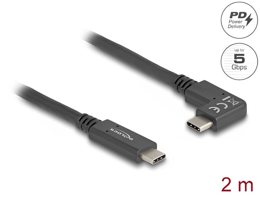 כבל תצוגה ונתונים USB-C 5Gbps 4K HDR ז/ז צד אחד בזווית 90° תומך PD 60W - delock.israel