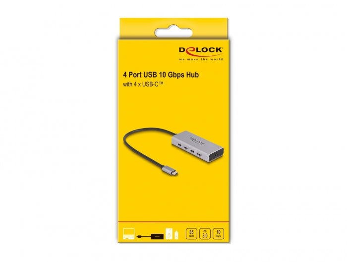 מפצל USB-C 10Gbps PD 85Watt עם 4 יציאות USB-C כולל כבל באורך 30 ס"מ - delock.israel