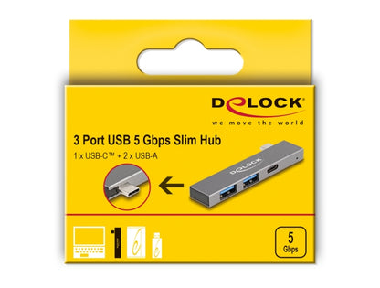 Delock 3 Port Slim USB Hub with USB Type-C™ to 1 x USB 5 Gbps USB Type-C™ + 2 x USB 5 Gbps Type-A - delock.israel