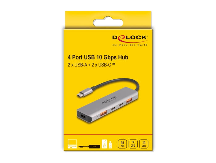 Delock USB 10 Gbps 2 Port USB Type-A + 2 Port USB Type-C™ Hub with USB Type-C™ connector and PD 95 Watt - delock.israel