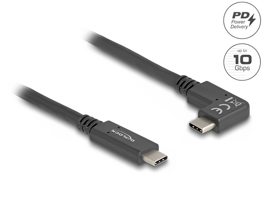 כבל תצוגה ונתונים USB-C 10Gbps 4K HDR ז/ז צד אחד בזווית 90° תומך PD 60W - delock.israel