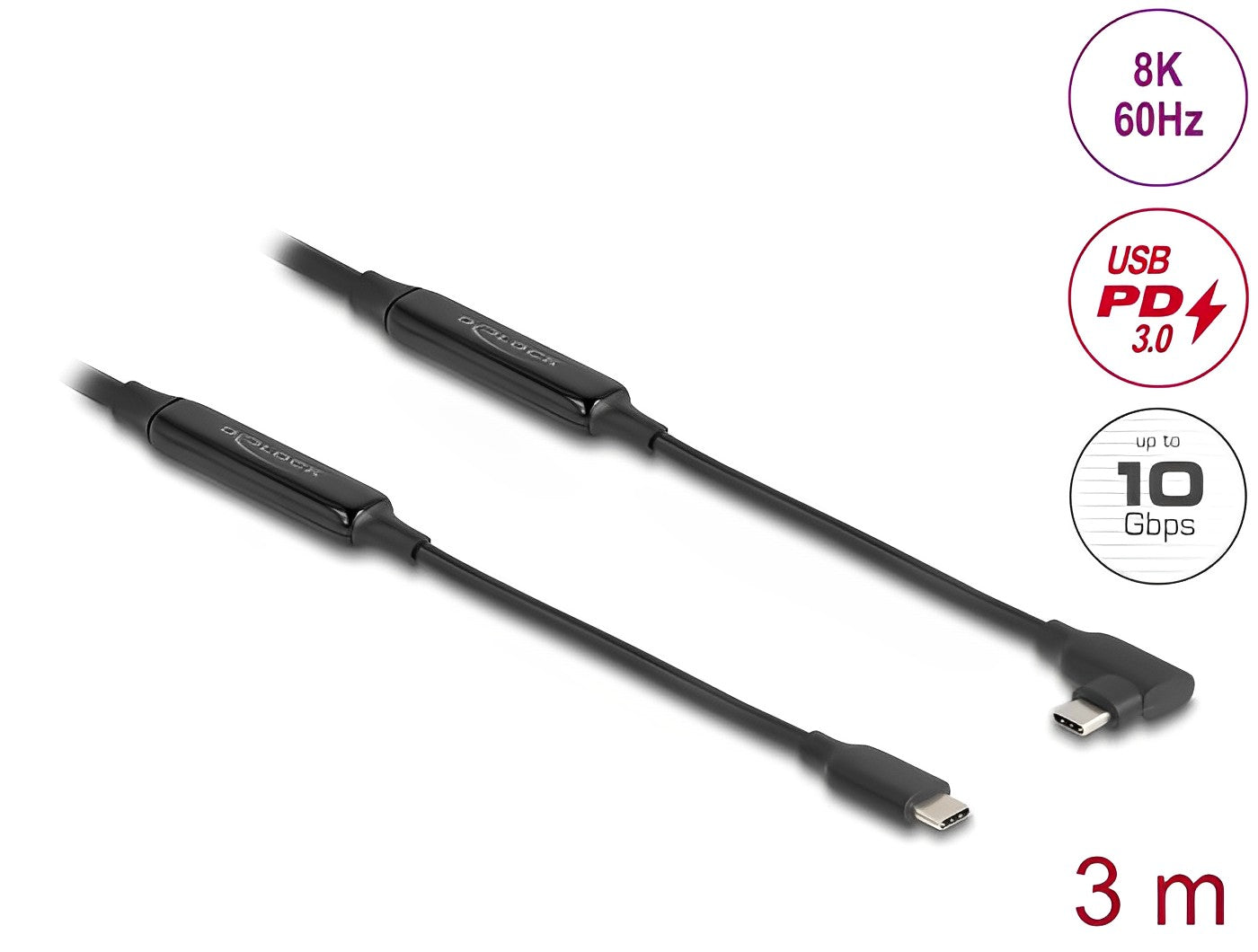 Delock Active USB 10 Gbps Cable USB Type-C™ male to male angled left / right 3 m 8K PD 60 W with E-Marker - delock.israel