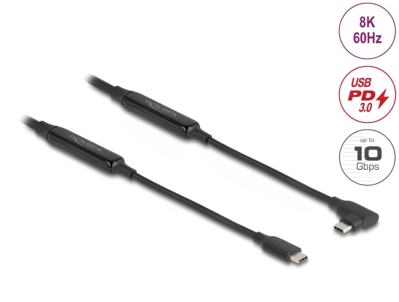 Delock Active USB 10 Gbps Cable USB Type-C™ male to male angled left / right 8K PD 60 W with E-Marker - delock.israel